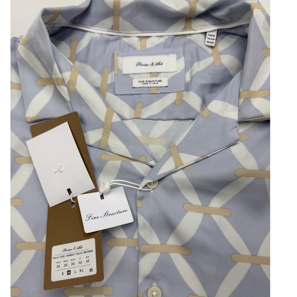 Porter & Ash Mens Medium Blue Geometric Print Camp Collar Short Sleeve Shirt NWT